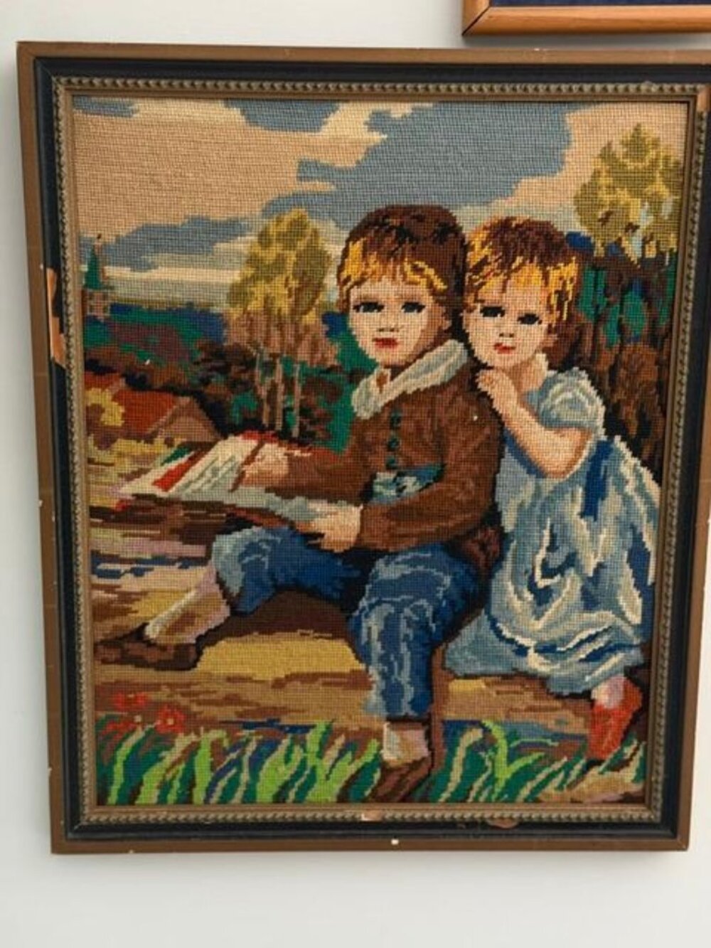 Framed Needle Point of a Famous Classical Painting/Two Children Writing a Letter